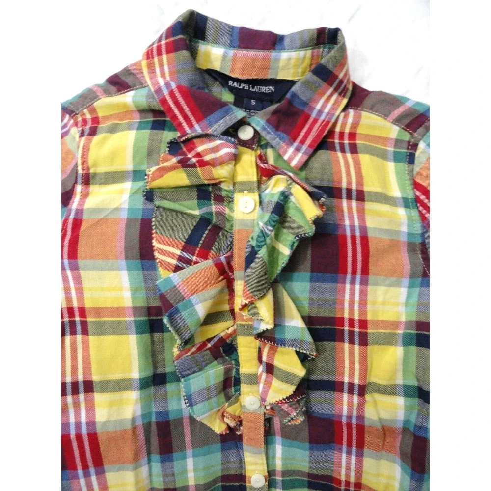 Ralph Lauren Button Up Long Sleeve Shirt Girls Size 5 Yellow Blue Plaid Ruffles